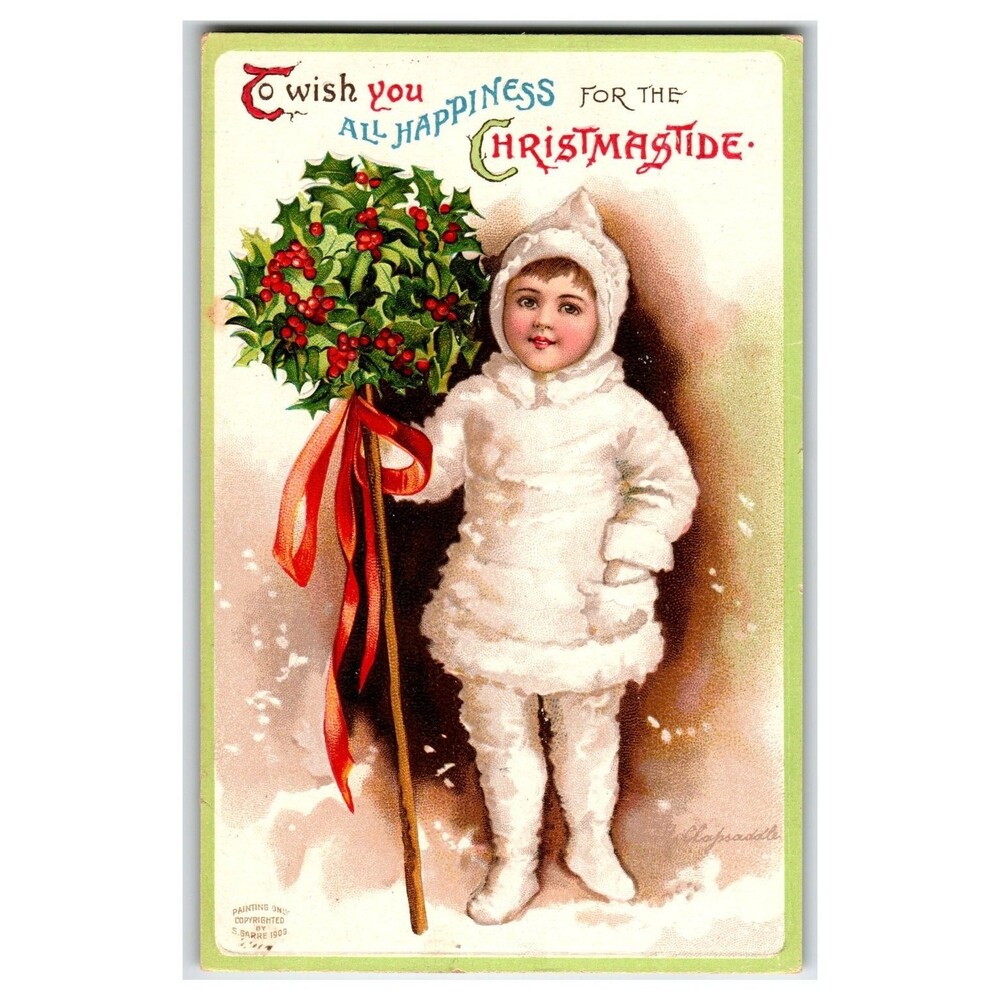 Clapsaddle Christmas Postcard 1909 Child in Snow Suit with Holly Berries Vintage